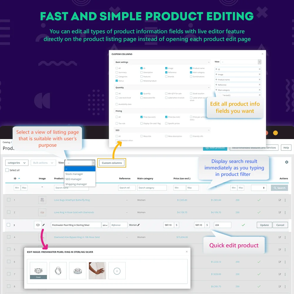 Fast and simple product editing with live editor feature