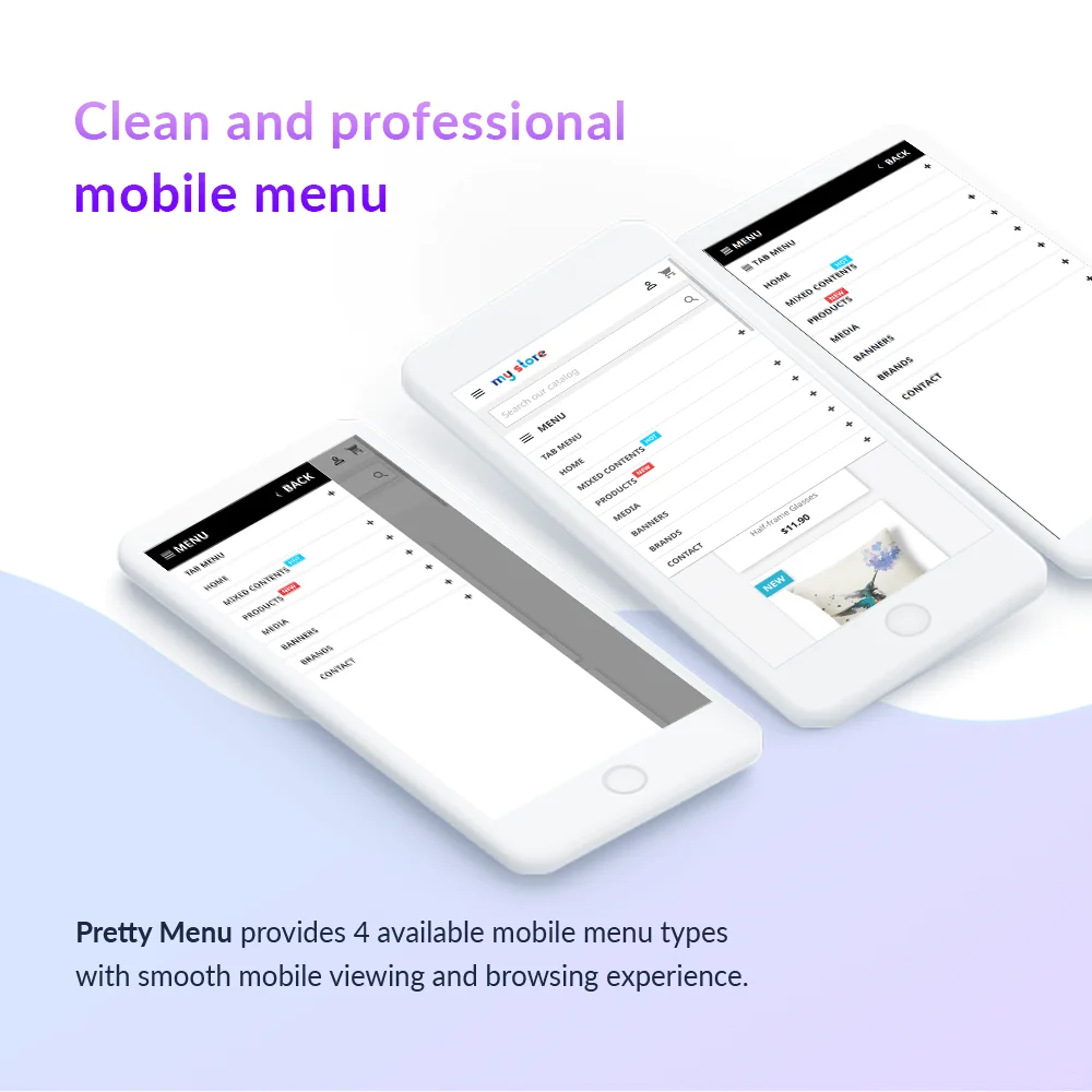 PrestaShop mega menu module provides 4 available mobile menu types