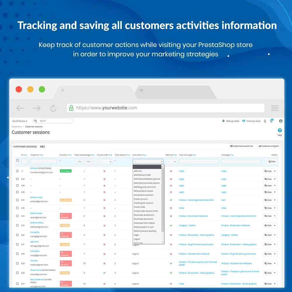 PrestaShop customer history module helps admin track and save all customers' activities information