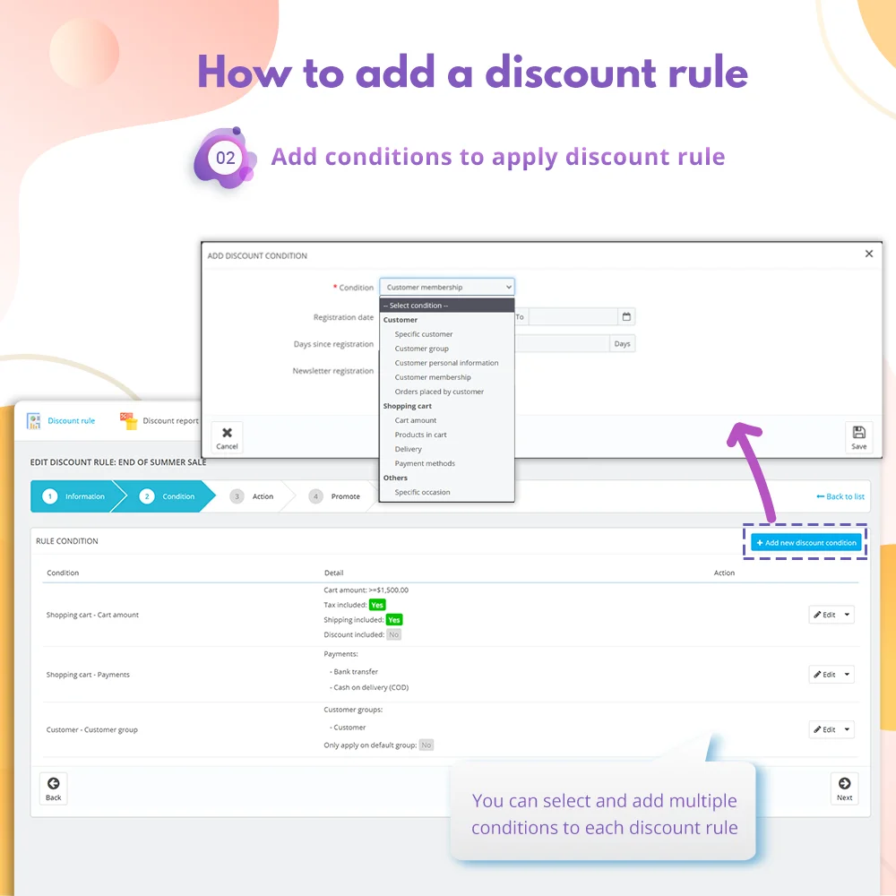 Step 2: Add conditions to apply discount rule