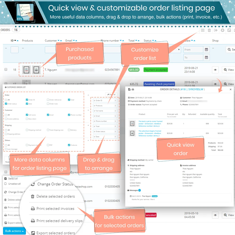 Quick view and customizable order listing page