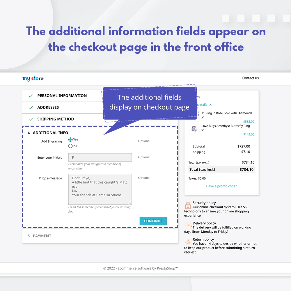 The additional fields displayed on checkout page