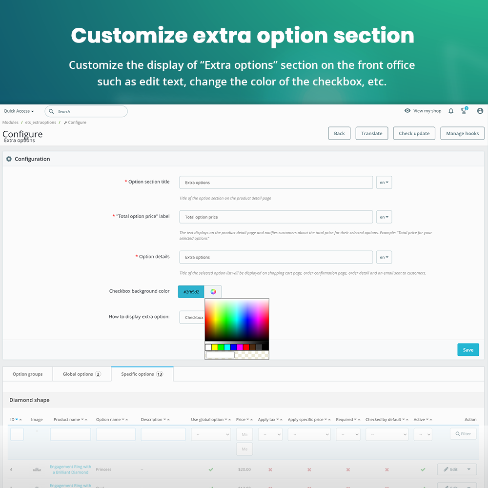 Extra Options - custom product attributes for PrestaShop