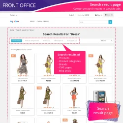 PrestaShop search module provides a search result page with categorized search results in sortable tabs