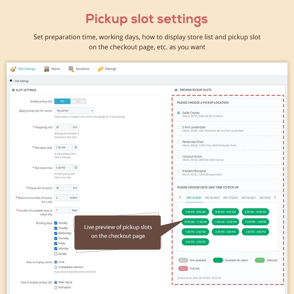 Pickup slot setting in the Prestashop Store pickup and Local delivery module