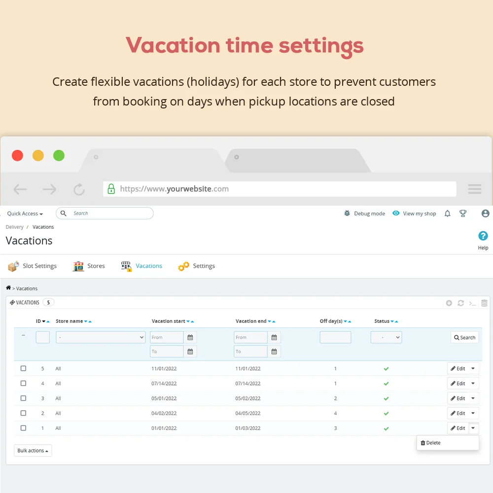 Vacation time settings in the Prestashop Store pickup and Local delivery module