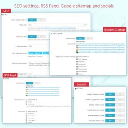 SEO settings, RSS feed, Google sitemap, and socials