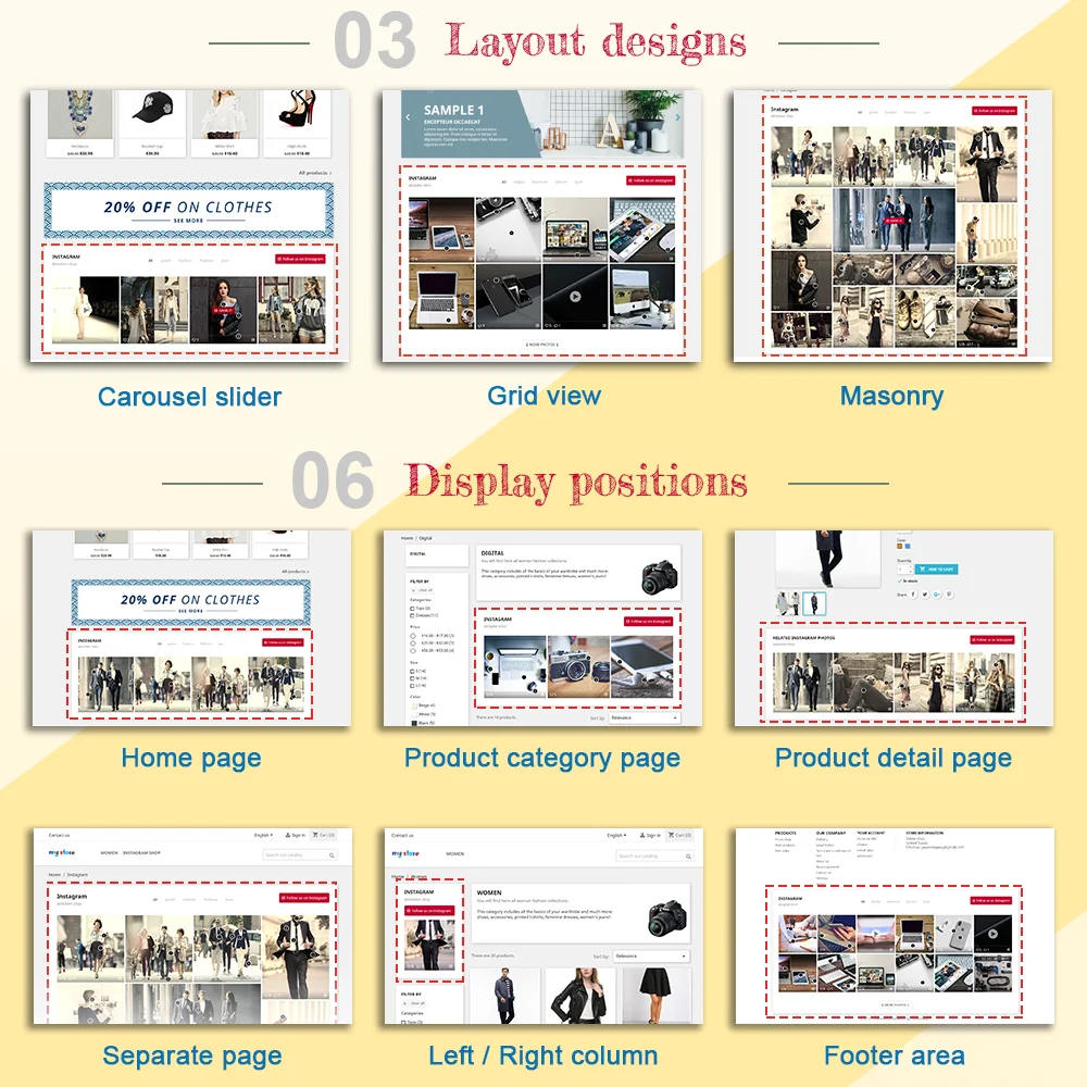 PrestaShop Instagram feed module supports 3 layout designs and 6 display positions