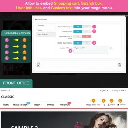 Embed Shopping cart, search box, user info links and custom text into mega menu