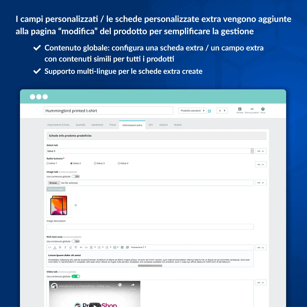 Presentare il modulo campi personalizzati di PrestaShop per i prodotti