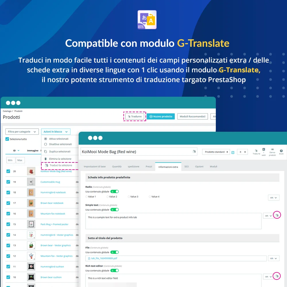 Presentare il modulo campi personalizzati di PrestaShop per i prodotti