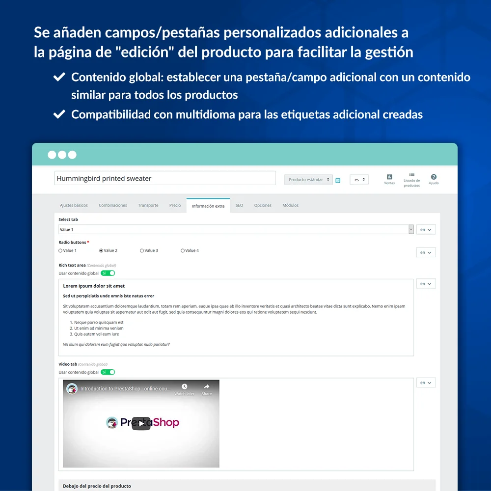 Presentar el módulo de campos personalizados de PrestaShop para productos