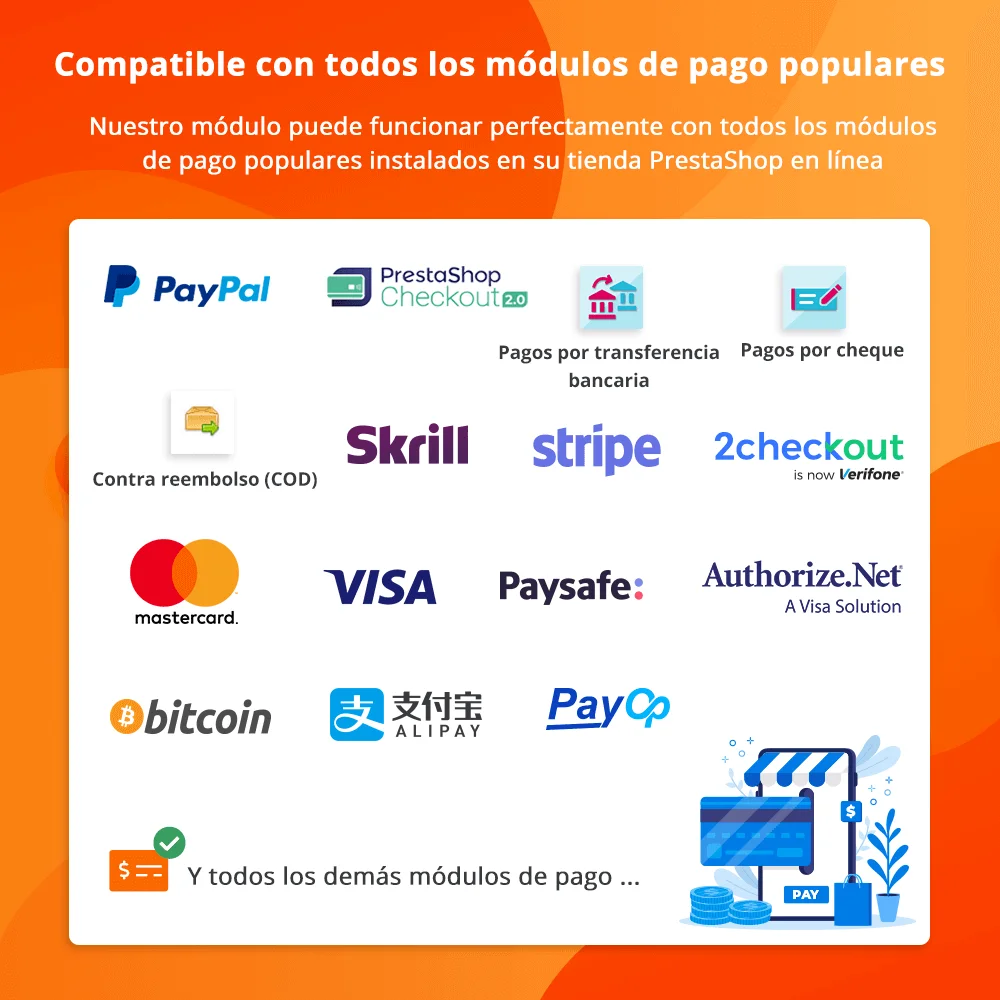 Nuestro módulo de pago de una sola página de PrestaShop es compatible con todos los módulos de pago populares