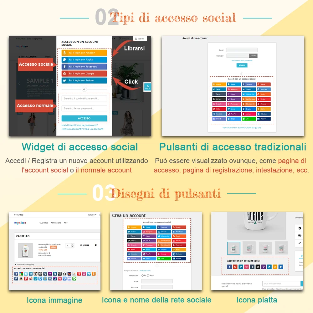 Supporto per 2 tipi di accesso tramite social e 3 design di pulsanti