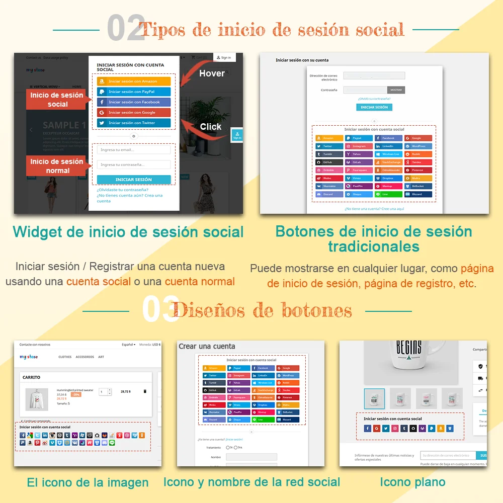 Soporte para 2 tipos de inicio de sesión social y 3 diseños de botones