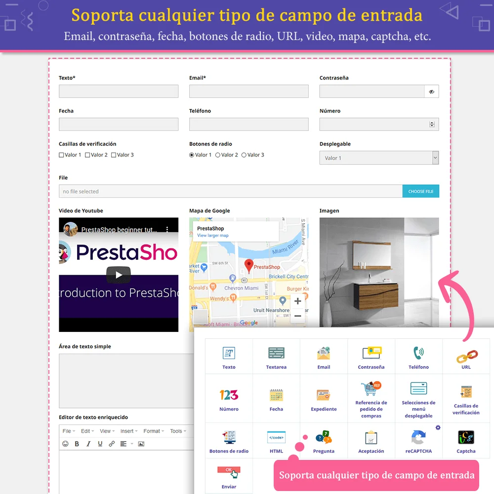 El módulo de formulario de contacto de PrestaShop admite todo tipo de campos de entrada