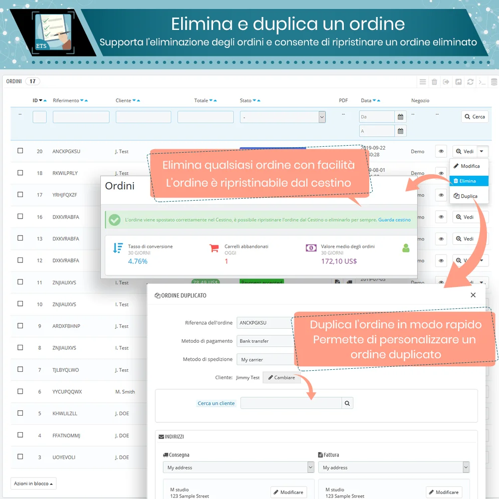 Elimina e duplica gli ordini facilmente con il modulo esporta ordini PrestaShop