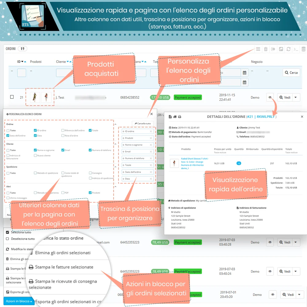 Anteprima rapida e pagina di elenco ordini personalizzabile