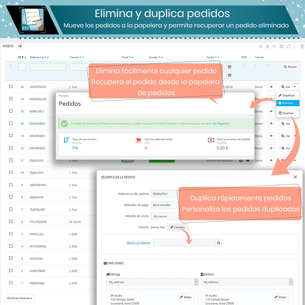 Eliminación y duplicación fácil de pedidos con el módulo de exportación de pedidos de PrestaShop