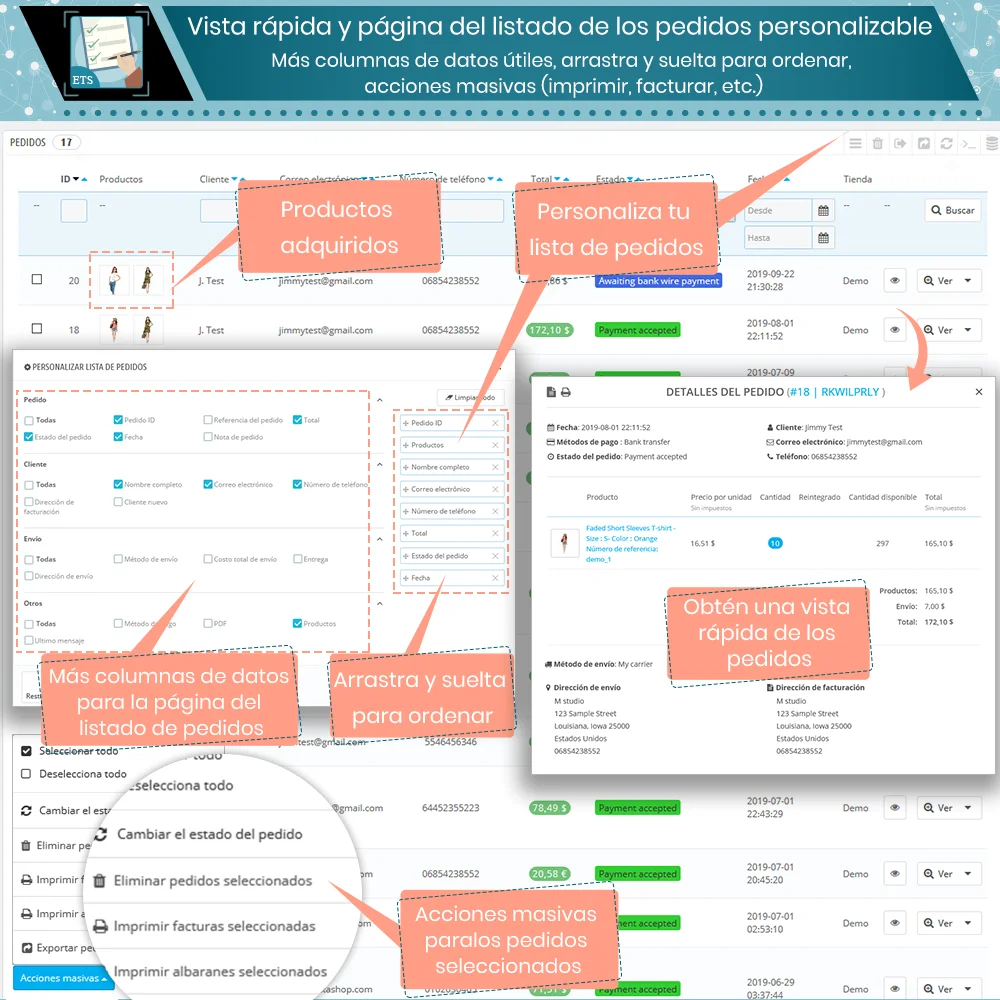 Vista rápida y página de listado de pedidos personalizable