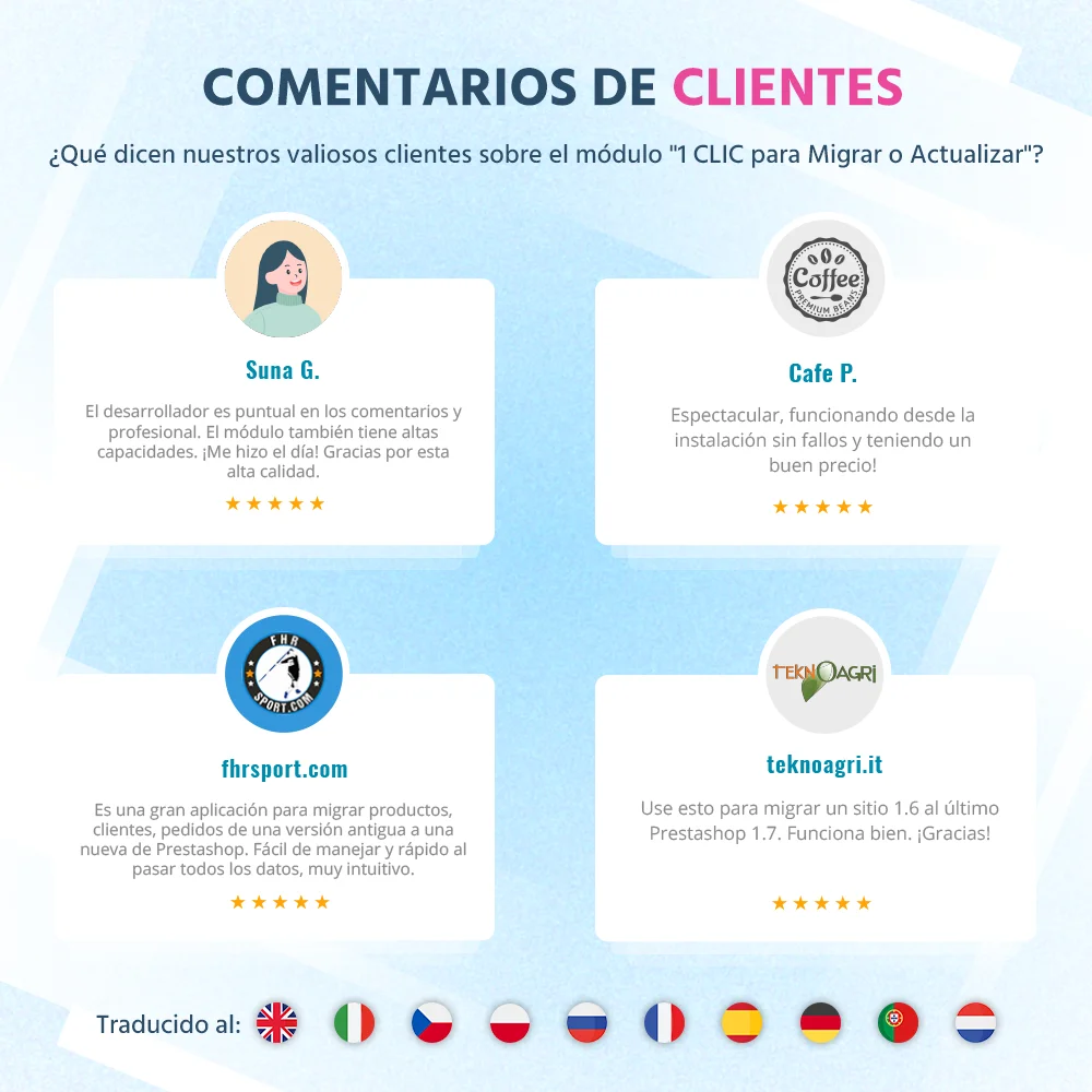 Opiniones de clientes sobre nuestro módulo de migración PrestaShop