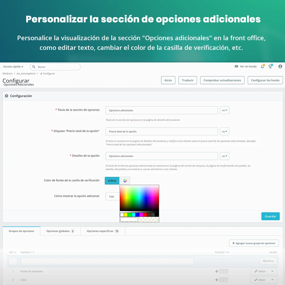 Presentar el módulo de opciones de productos de PrestaShop