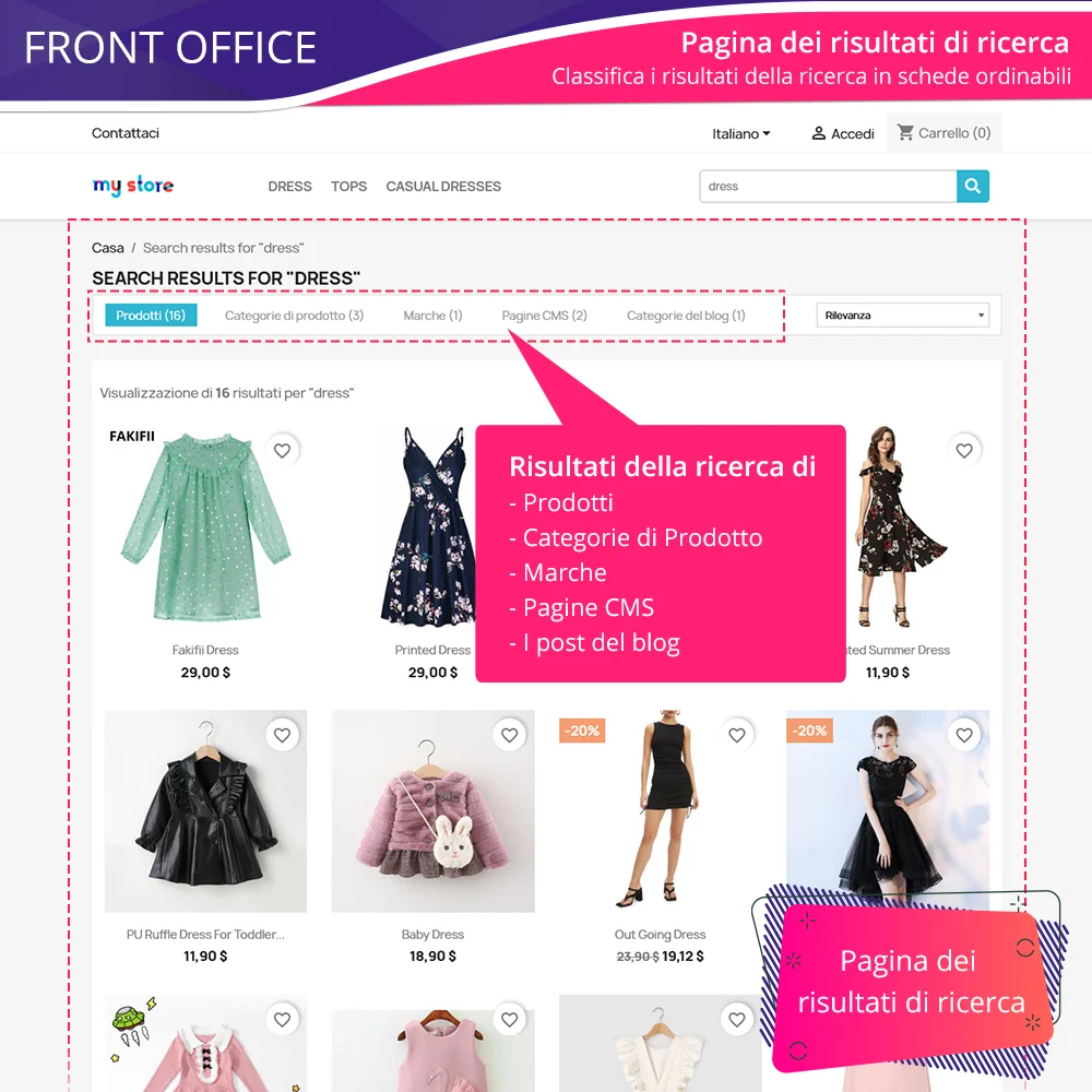 Il modulo di ricerca di PrestaShop fornisce una pagina dei risultati della ricerca e categorizzata in schede ordinabili