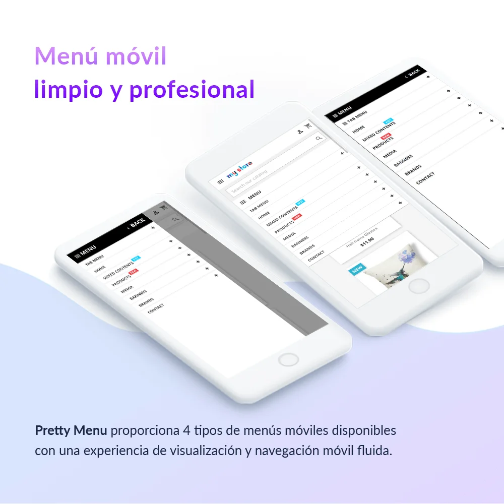 El módulo menú mega PrestaShop ofrece 4 tipos de menú móvil disponibles