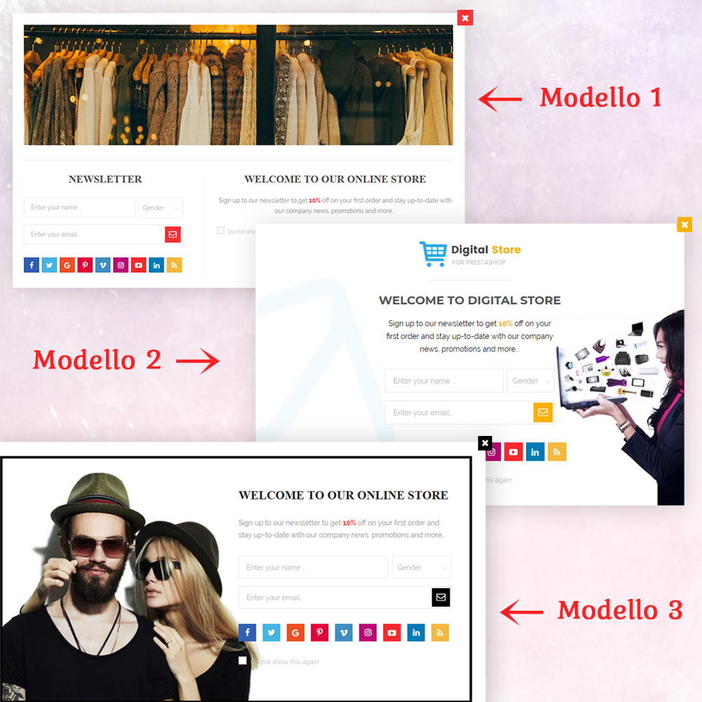 Presentazione dei modelli 1, 2, 3 del modulo Popup Newsletter PrestaShop