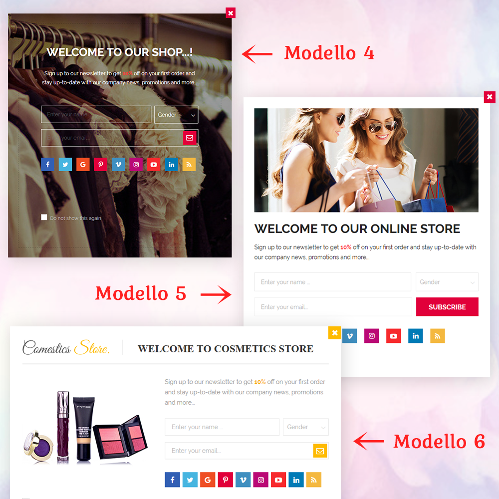 Presentazione dei modelli 4, 5, 6 del modulo Popup Newsletter PrestaShop