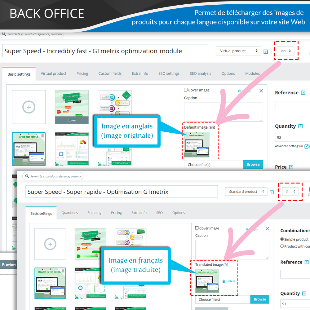 Le module d'images de produits multilingues permet de télécharger des images de produits pour chaque langue disponible sur le si
