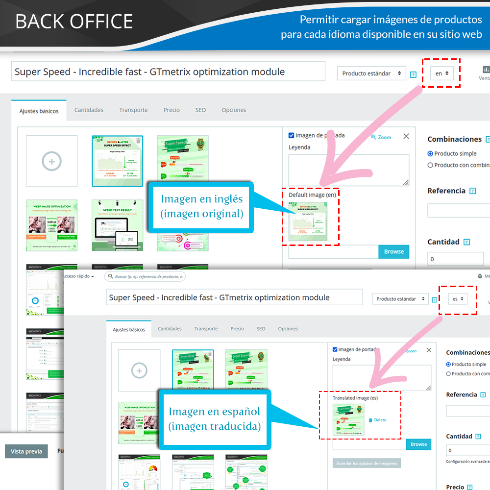 El módulo de imágenes de productos en varios idiomas permite cargar imágenes de productos para cada idioma disponible en el siti