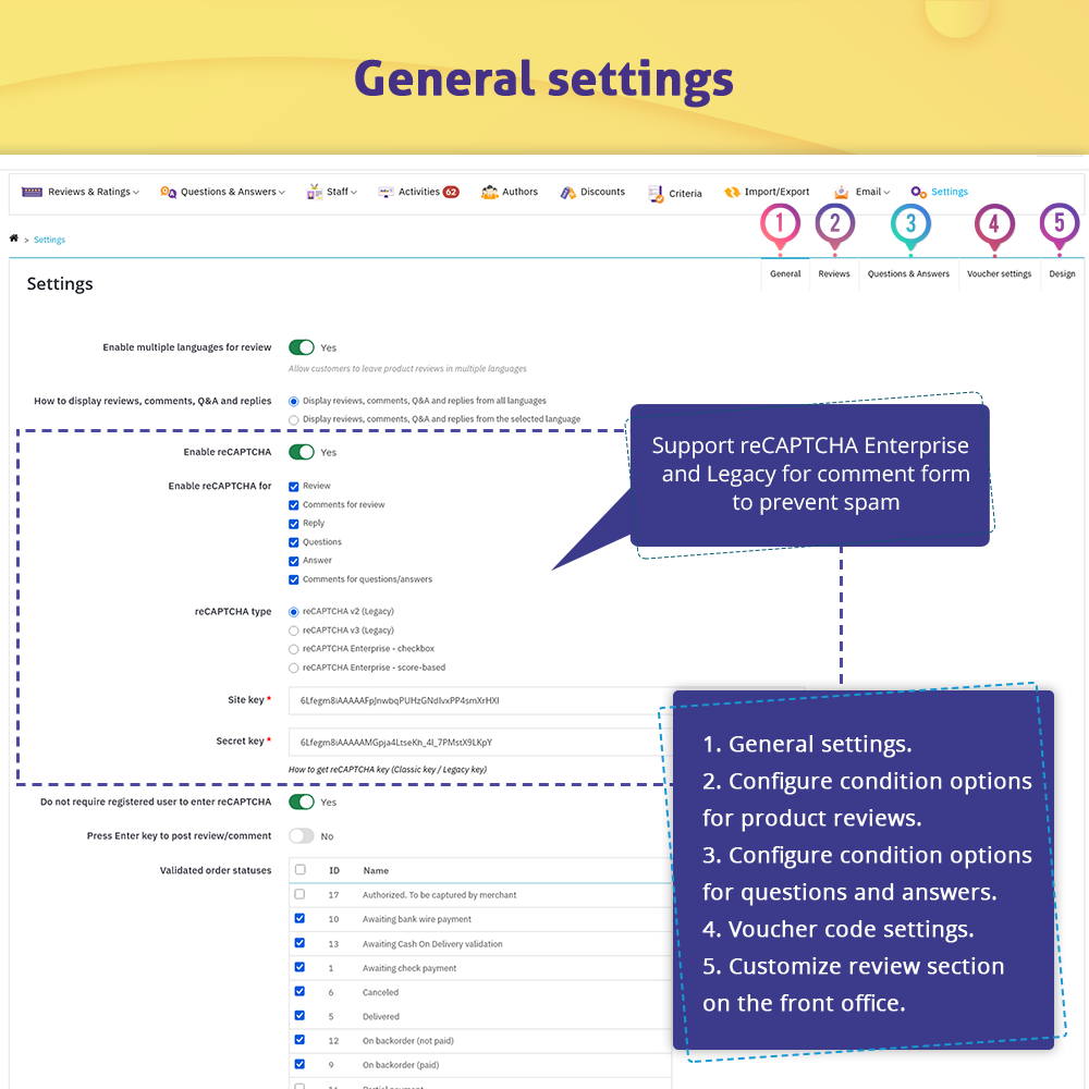 PrestaShop product reviews module's general settings