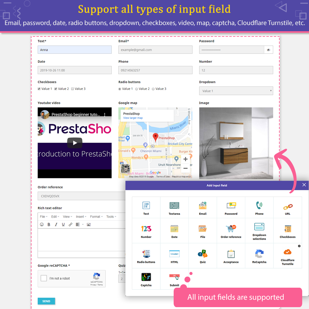 Mô-đun liên hệ PrestaShop hỗ trợ tất cả các loại trường nhập liệu