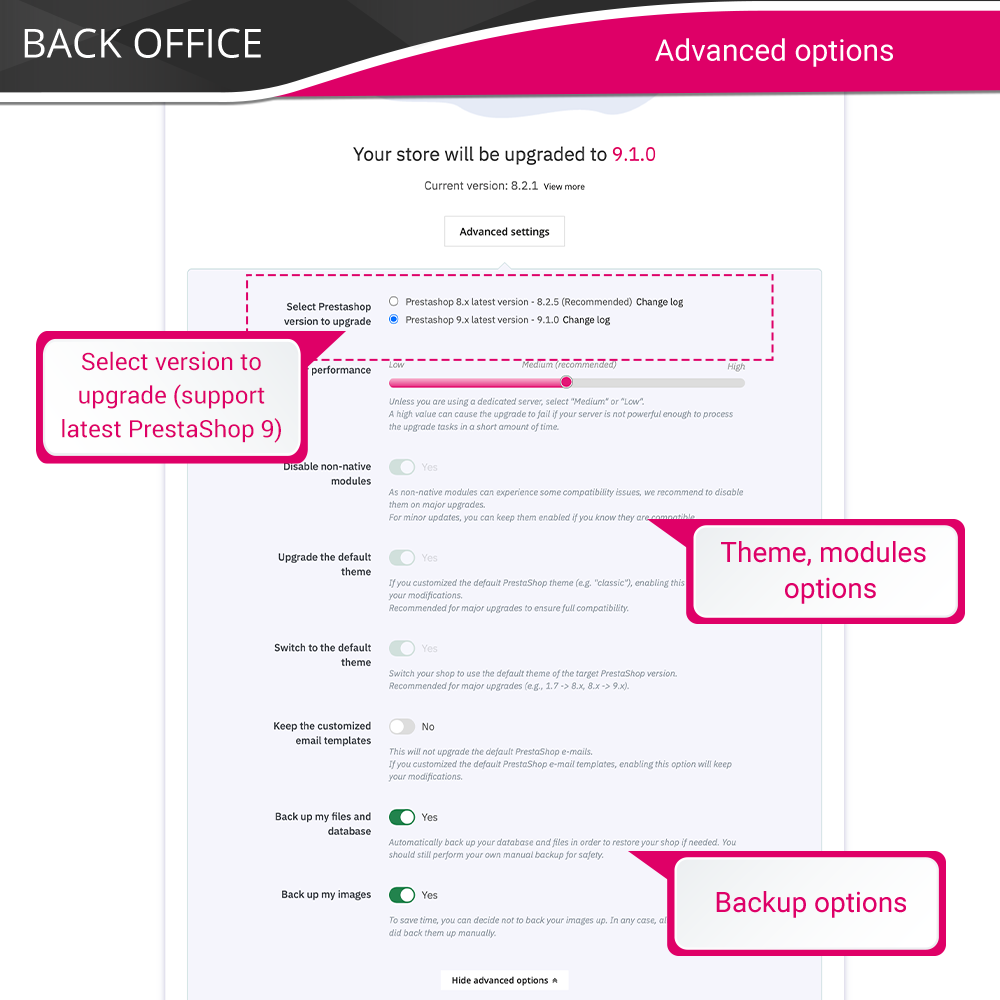 Advanced options of the PrestaShop upgrade module