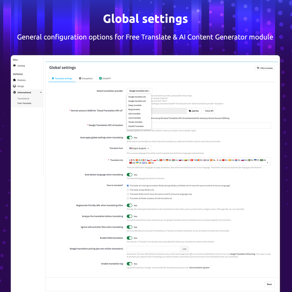 Automated PrestaShop translation module's global settings