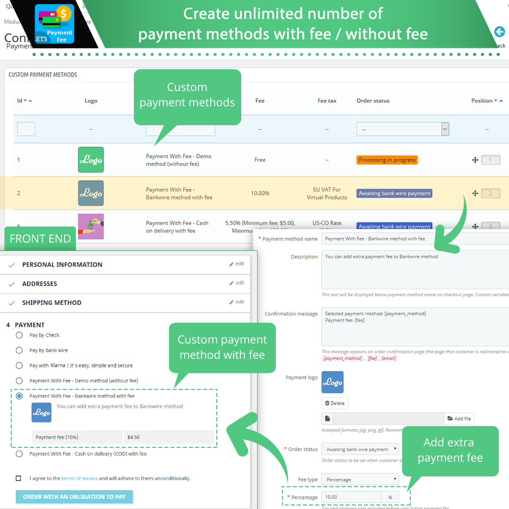 Create unlimited number of payment methods with fee/without fee