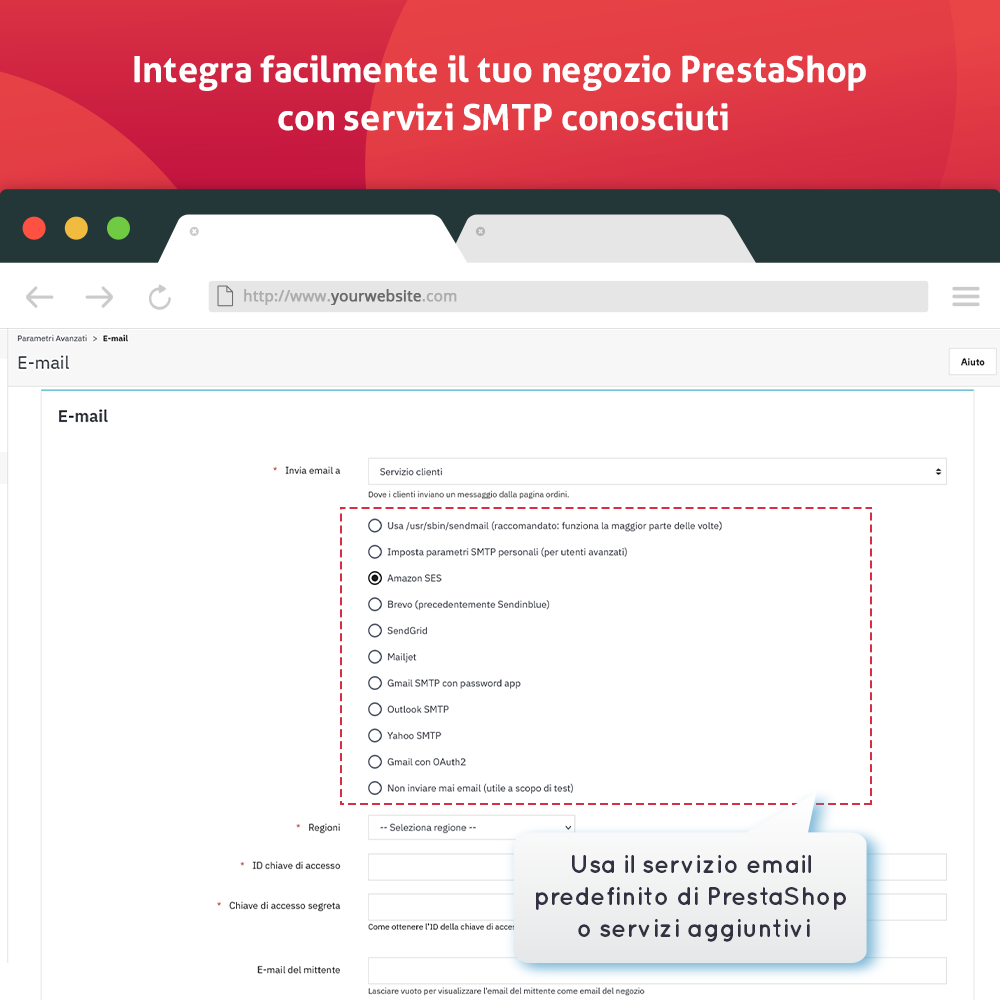 Integra facilmente il tuo negozio PrestaShop con famosi servizi SMTP