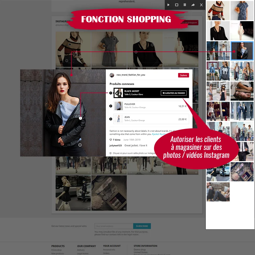 Présentation de la fonction d'achat du module Instagram pour PrestaShop