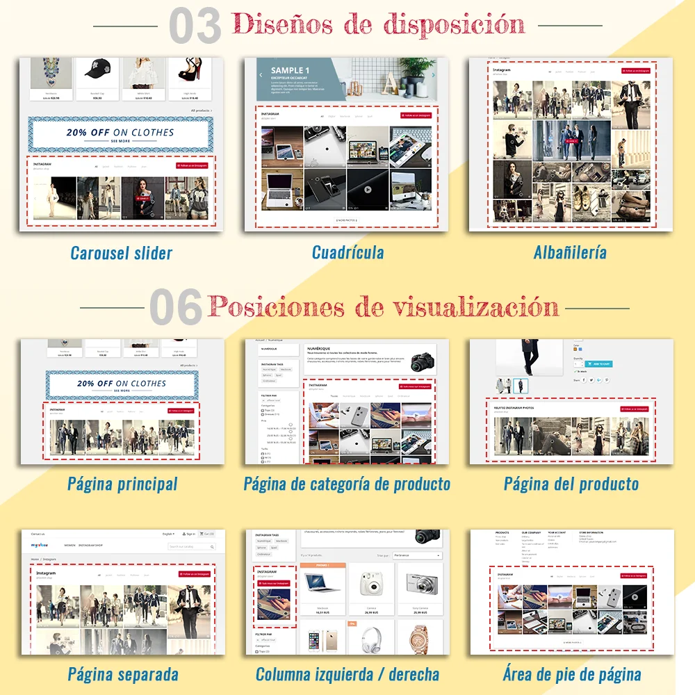 El módulo de alimentación de Instagram para PrestaShop admite 3 diseños de diseño y 6 posiciones de visualización