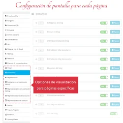 El módulo de blog de Prestashop muestra opciones de configuración para cada página